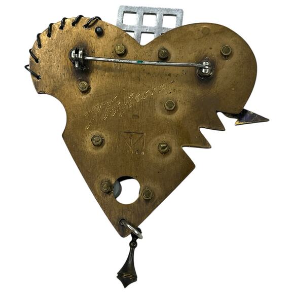 Vintage Signed Thomas Mann Techno Romantic Bronze Mixed Metal Heart Pin Brooch - Picture 4 of 10